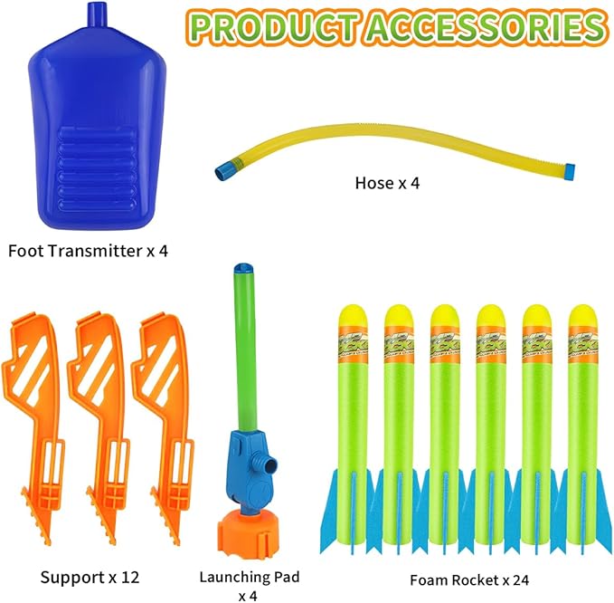 Banvih 4-Pack Rocket Launcher for Kids – 24 Foam Rockets, Launch Up to 120+ ft, Outdoor Toys for Ages 3-8+, Summer Yard Games, Birthday Party Gift for Toddlers & Boys