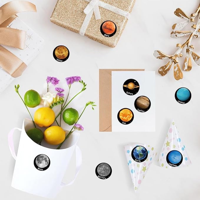 500pcs Cartoon Planet Stickers, 1 Inch Self-Adhesive Cartoon Planet Decals Cool Stickers Planet Stickers Roll for Envelope Books Laptops Bottles Crafts Supplies