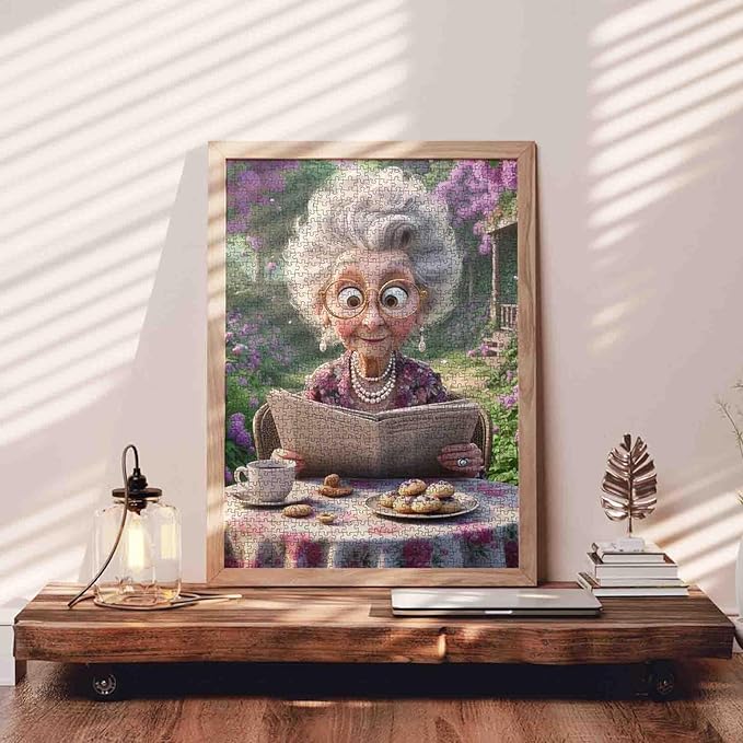 Old Granny Reading Newspaper 1000 Piece Jigsaw Puzzles for Adults Afternoon Tea Jigsaw Puzzle for Challenging Family Activity Game Garden Artwork Puzzle for Home Decor Unique Gifts 20x27 Inches