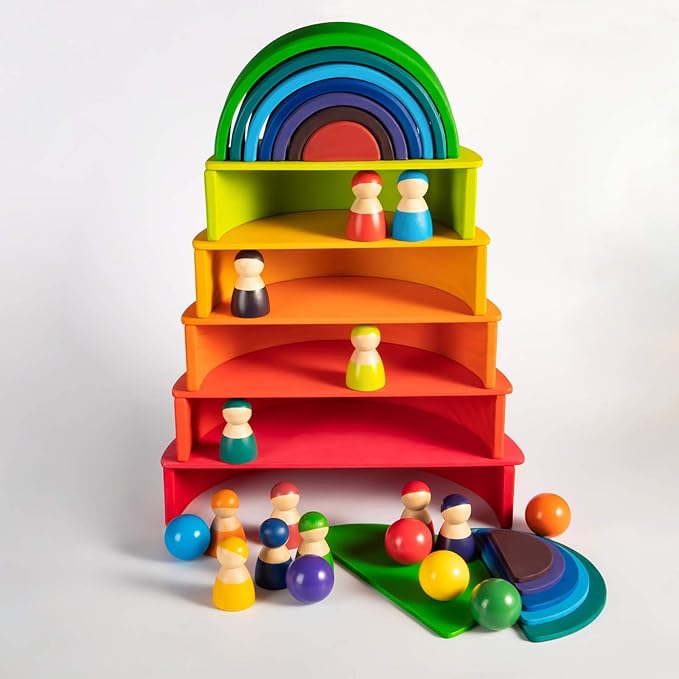 Wooden Rainbow Semicircle Stacker Toys, 11Pcs Semicircle Rainbow Stacking Puzzle, Building Blocks Board Set for Kids, Learning Creative Thinking Toys