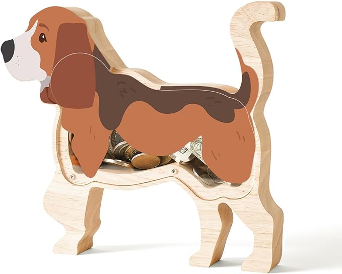 Wooden Beagle Dog Piggy Banks for Kids, Adorable Dog Piggy Bank with Acrylic Panels, Unbreakable Toddler Money Box for Boys Girls, Cute Saving Coin Jar for Birthday Décor