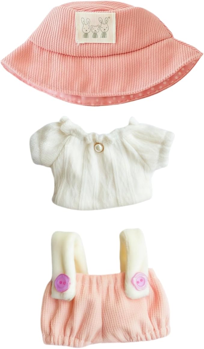 Clothes for Dolls Accessories (No Doll), Cute Outfit Set 3 Pieces Bib Pants Suitable for 15 & 17cm Doll Suit, Stylish Dress Up Overalls Doll Clothing Set Replacement with Hat Clothes Pink