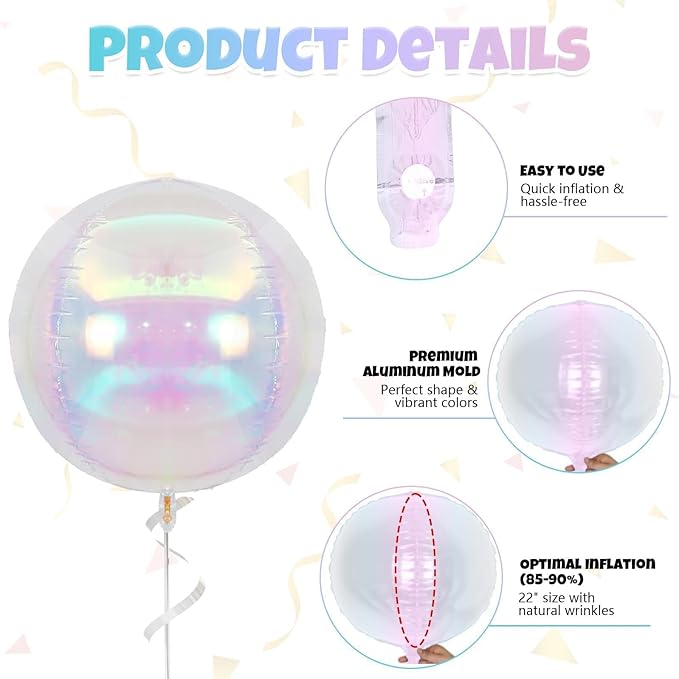 Giant 4D Foil Balloons, 6Pcs Large Metallic Iridescent Round Balloons, 22 Inch Big Round Foil Balloon for Mermaid Birthday Party Baby Shower Wedding Decorations