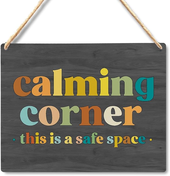 Calming Corner Hanging Wood Sign Plaque - Safe Space, Classroom Decor, School Counselor Office, Calm Down Corner Decorations, Boho Style (Gray), 10x8