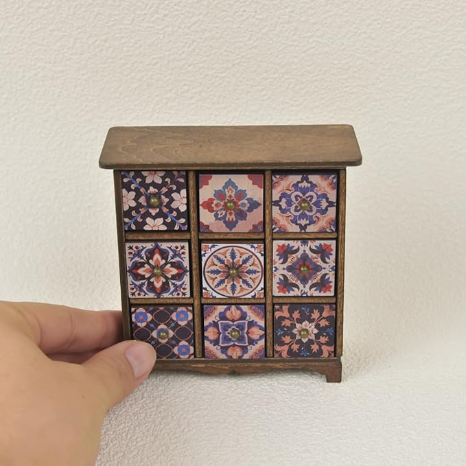 1:12 Scale Wooden Dollhouse Furniture Chest of Drawers 3x3 Grid 9-Drawer- Miniature Chest of Drawers with Hand-Painted Bohemian Persian Florals Gift for 3+ (Dark Brown)