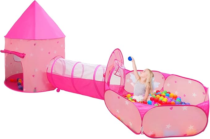 3PC Princess Tent for Girls with Kids Ball Pit, Kids Play Tents and Crawl Tunnel for Toddlers, Pink Pop Up Playhouse Toys for Baby Indoor& Outdoor Tent Games (Pink Tent with Stars 3pc)