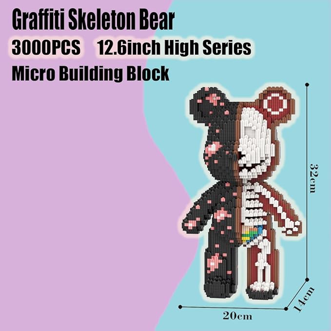PIANTION Animal Graffiti Skeleton Bear Micro Building Blocks Set(3000PCS XQ034) 12.6in High Series,Gifts Suitable for Adults