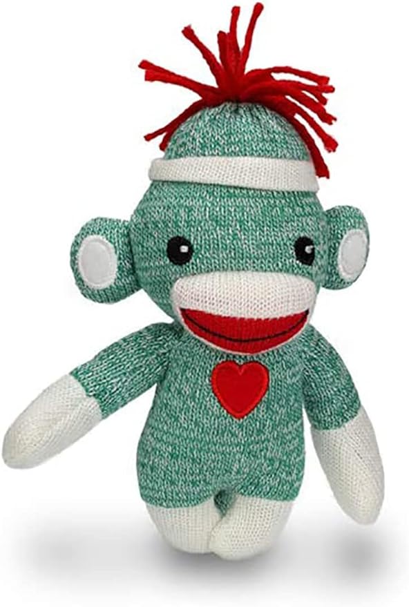 Adorable Sock Monkey 6 Inches, The Original Traditional Hand Knitted Stuffed Animal Toy Gift-for Kids, Babies, Teens, Girls and Boys Baby Doll Present Puppet (Green)