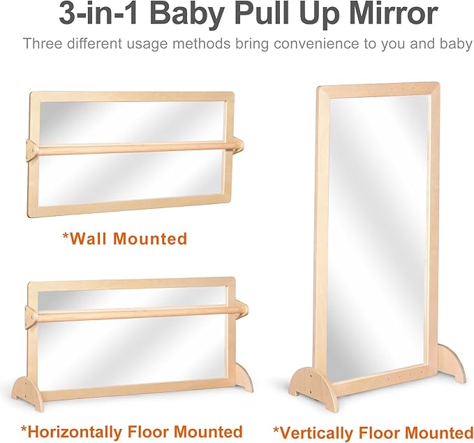 3-Position Montessori Wood Frame Non-Shatter Safety Pull Up Bar Baby Big Mirror Set, Infant Coordination Mirror, Kids Classroom Furniture for Daycare, Homeschool or Preschool