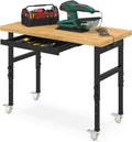 48"x24" Solid Wood & Heavy-Duty Work Bench Workbench, Adjustable Height Work Table with Wheels, Power Outlets and Drawer, 2000 LBS Capacity Workstation Work Benches for Garage, Workshop