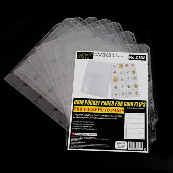 Uncle Paul Coin Binder Sheets for 2" x 2" Cardboard Holders - 200 Pockets for Coin Flips Compatible with Coin Collecting Binder of 4-Ring(A4 Size), 3-Ring(Letter Size) 10 Sheets CS38