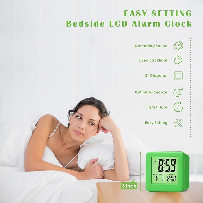 Plumeet Digital Alarm Clock Kids with Snooze and Nightlight - Easy Setting Silicone Clock Display Time, Date - Loud Alarm Clock for Bedroom - Battery Powered (Green)