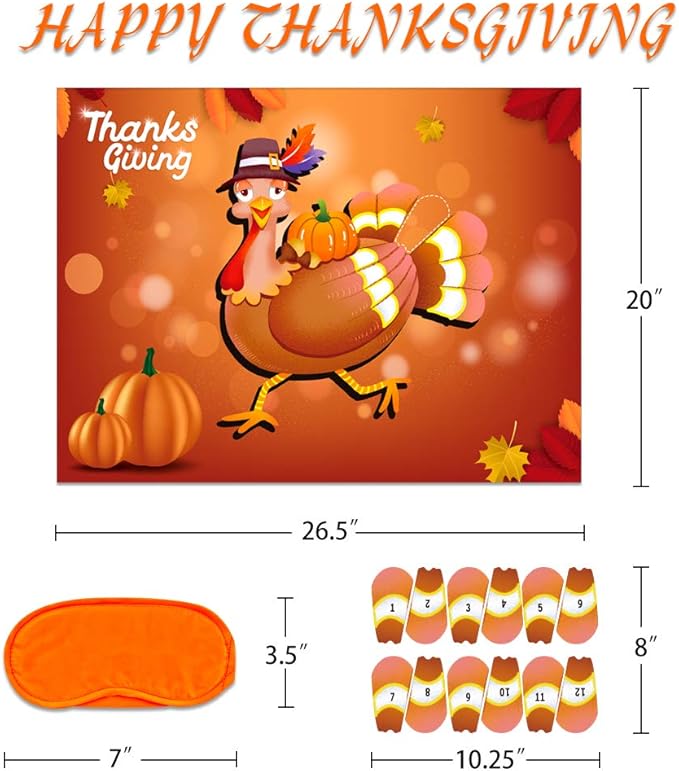 Thanksgiving Games - 26.5"x20" Pin The Tail on The Turkey Thanksgiving Games for Kids Thanksgiving Party Decoration Supplies Thanksgiving Activities for Family School Classroom