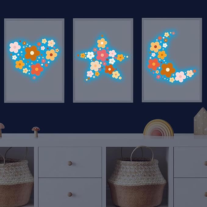 Glow in The Dark Y2k Cute Flowers Wall Decals，Glowing Luminous Colorful Boho Floral Wall Stickers Removable self-Adhesive Flower Decals for Girls Bedroom Kids Baby Nursery Living Room (Classic Color)