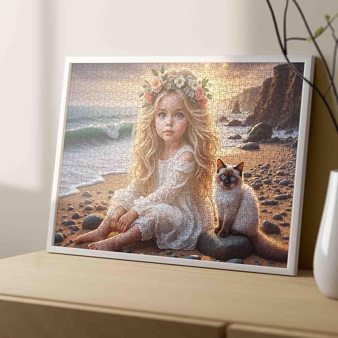 Tucocoo 1000 Piece Jigsaw Puzzle for Adults, Girl with Flower Crown and Cat on Sunset Beach – Romantic Coastal Puzzles, Family Games, Challenging Puzzles for Adults – Gift for Cat Lovers and Women