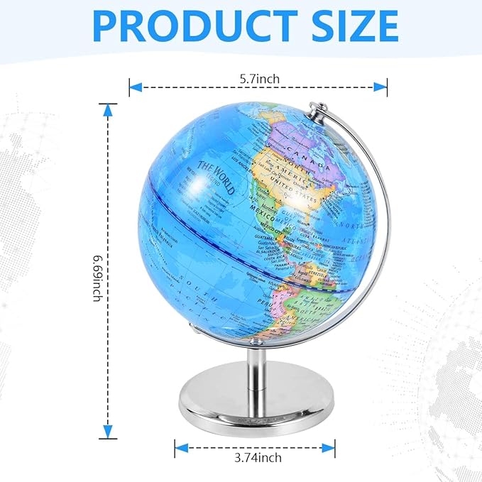 6 Inch World Globe Rotating Earth Spinning Globe with Heavy Metal Stand for Kids Geography Classroom Education or Office Home Decorations