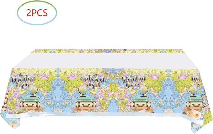 2 Pcs Adventure World Awaits Tablecloth, The Adventure Begin Birthday Party Supplies Decorations–Adventure Party Table Cover (70.9" x 42.5")