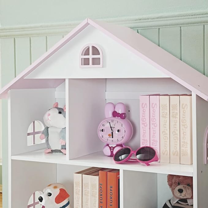 Wooden Dollhouse Bookshelf 3-Tier Doll House Bookcase Kids Books Toys Storage Organizer Shelves for Children's Bedroom Playroom Kindergarten Nursery Gift for Boys Girls Ages 3-8 Years Old