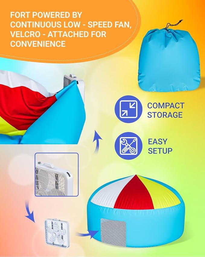 Skywin Inflatable Tent for Kids (Camo Dark Grey), Inflatable Air Tent for Kids Sets Up and Stores Away in Seconds, Improved Blow up Fort (Fan NOT Included) (Beach Ball Blue)