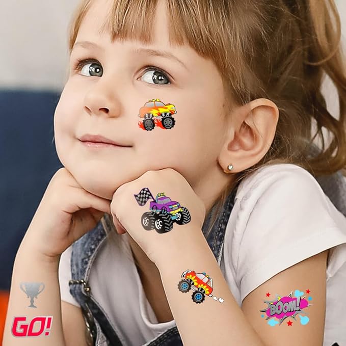 75 PCS Truck Temporary Tattoos for Kids, Groovy Metallic Styles Tattoos for Truck Wheels Birthday Party Supplies Racing Car Checkered Flag Trophy Flame Fake Tattoo Stickers for 5 6 7 8 Years Old Boys
