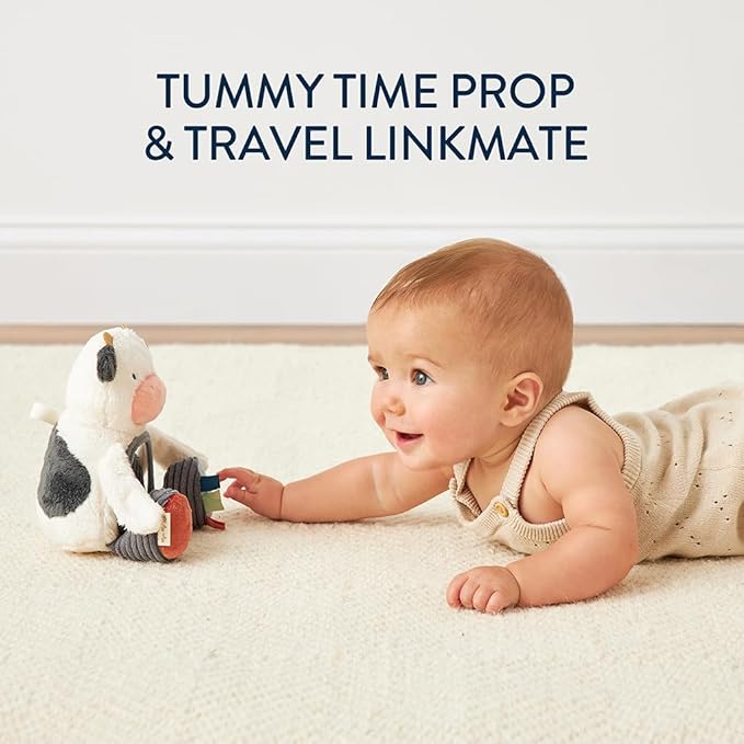 Itzy Ritzy Sensory Tummy Time Toy Mirror - Features Crinkle & Jingle Sounds, Multiple Textures and Mirror for Self-Discovery, Infant Toy for Ages 0 Months and Up, Cow