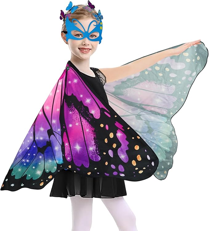 Butterfly Costume for Girls Fairy Wings Kids 4 Pcs(Cape,Skirts,Masks,Hair Clips) Butterfly Wings for Halloween Gifts