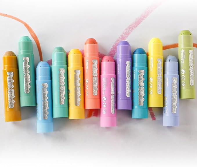 12 Pastel Colors Tempera Paint Sticks Set, Quick-Drying & Washable, Non-Toxic Art Supplies for Kids, Toddlers， Classroom, Mess-Free Crafting on Paper, Wood, Glass