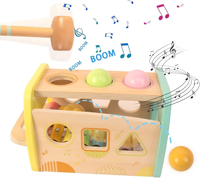 Hammering Pounding Toys Wooden Educational Toy Xylophone Shape Sorter, Birthday Gift for 3 Years Boys Girls Baby Toddler Kids Developmental Montessori Learning Toy (Yellow)