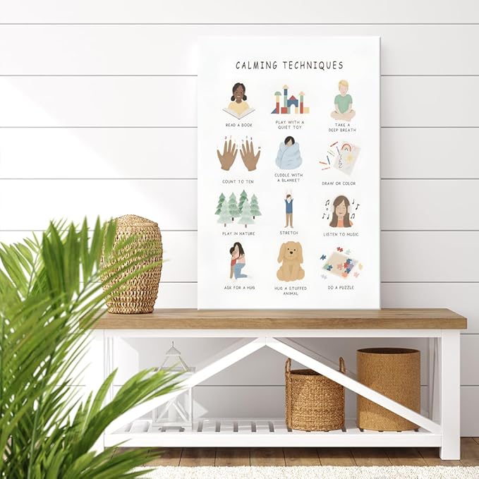 uoyien Calming Corner Classroom Mental health Poster Feelings Calming Techniques Canvas Wall Art Boho Emotions Chart for Kids Prints Special Education Wall Decor for School 12x16in Wood Framed