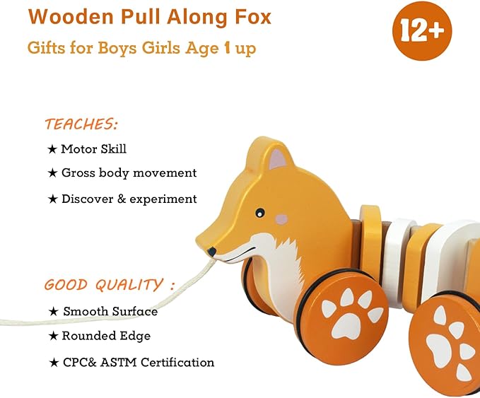 Baby Toys Car,Wooden Pull Along Toddler Toy, Developmental Toy for 1 Year Old Girl Boy Birthday Gift (Fox)