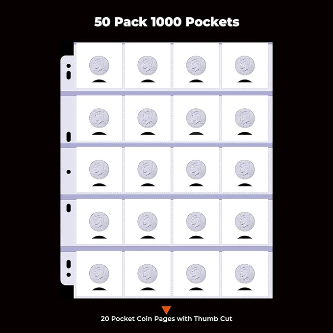 50-Sheets 20-Pocket Thumb-Cut Coin Pages - Coin Pocket Pages for 2 x 2 Inch Cardboard Coin Holders, Collecting Sleeves for Coin Flips, 1000 Pockets for Coin Binder, Coin Collection Storage Supplies