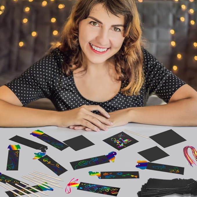 lyfLux 146 PCS Scratch Paper Art with Stencils, Rainbow Magic Scratch Paper Art Kit for Birthday Party, DIY Crafts