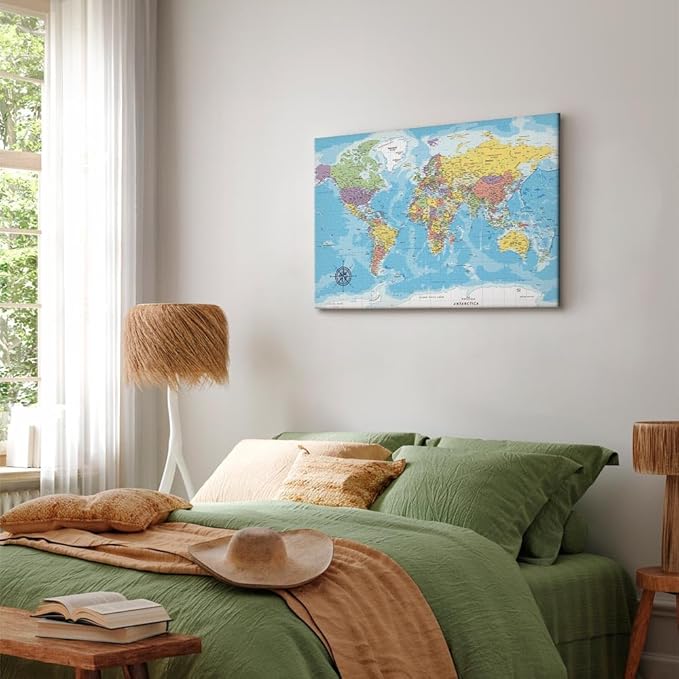 artgeist Canvas Wall Art Print World Map 35x24 in - 1pcs Home Decor Framed Stretched Picture Photo Painting Artwork Image Worldmap Continents Travel Gift k-C-0128-b-a