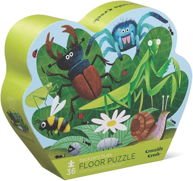 Crocodile Creek 36-Piece Jigsaw Floor Puzzle - Fun Floor Puzzles for Kids Ages 3-5 - Heavy-Duty Shaped Box for Storage - Backyard Bugs - 27" W x 20" H Finished