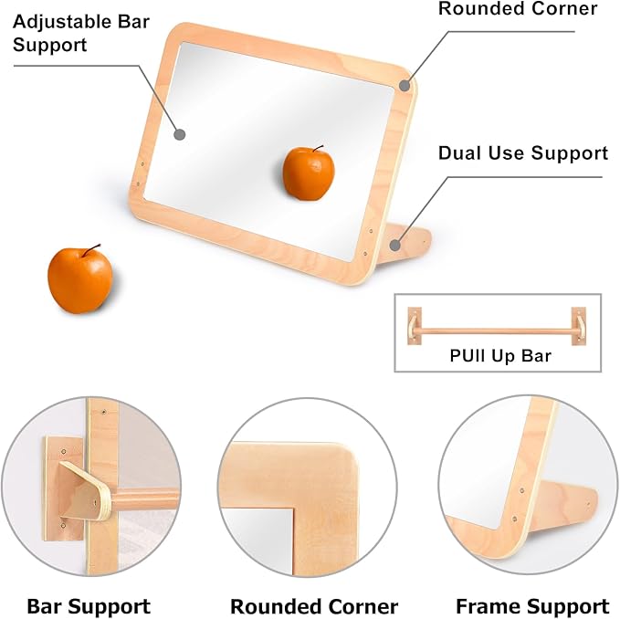 Montessori Baby 2-in-1 Shatterproof Safety Mirror with Pull-Up Bar - Infant Wall Mount & Floor Play for Tummy Time (6-18 Months)