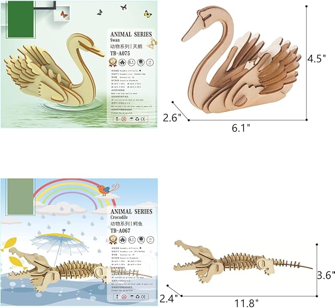 3D Wooden Wild Animal Puzzle - 6 Piece Set Wood Wild Animals Skeleton Assembly Model Kits - Wooden Crafts DIY Brain Teaser Puzzle - STEM 3D Puzzle Gifts for Adults & Teens