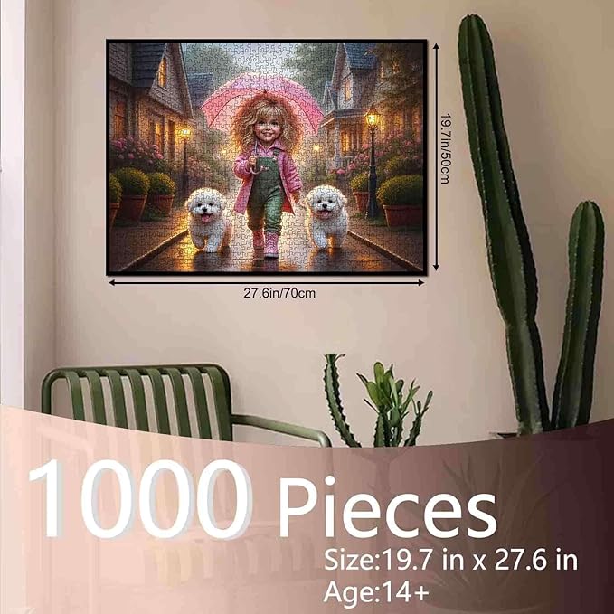 Tucocoo Little Girl 1000 Piece Jigsaw Puzzle for Adults, Cozy Rainy Street with Cute Puppies, Challenging and Relaxing Puzzle for Family, Teens – DIY Crafts Puzzles for Stress Relief, Home Decor Gift