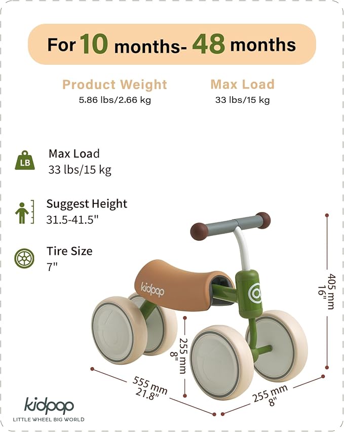 kidpop Big BEE Baby Balance Bike for 1 Year Old Toddler Kids Ride On Toys First Birthday Gift Toddler First Bike (Green)
