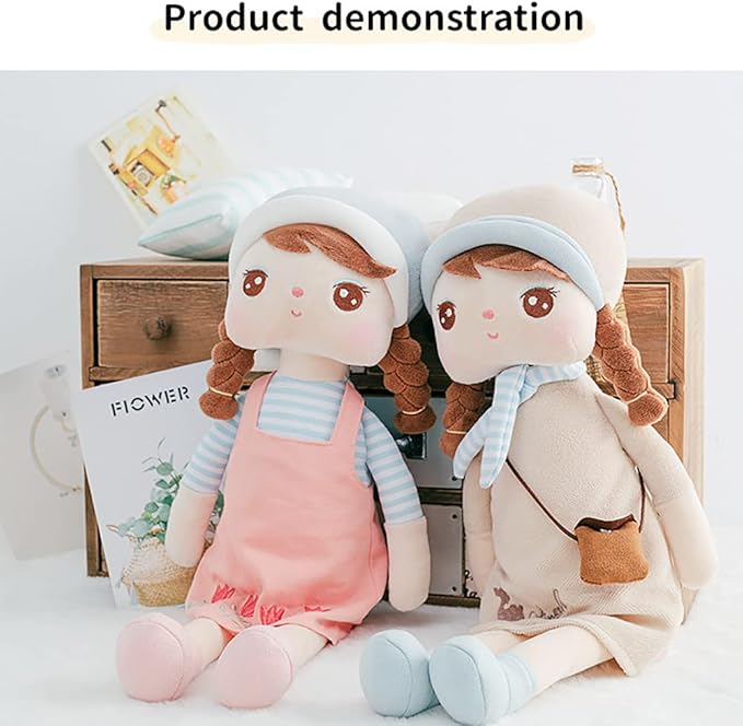 16" Exclusive New MeToo Princess Doll, Cute Pigtail-Girl with a Hat Plush Doll, Soft Dolls Baby Doll Girl Gifts, Non-Toxic Soft Skin-Friendly PP Cotton Plush Stuffed Angela Doll (Khaki)