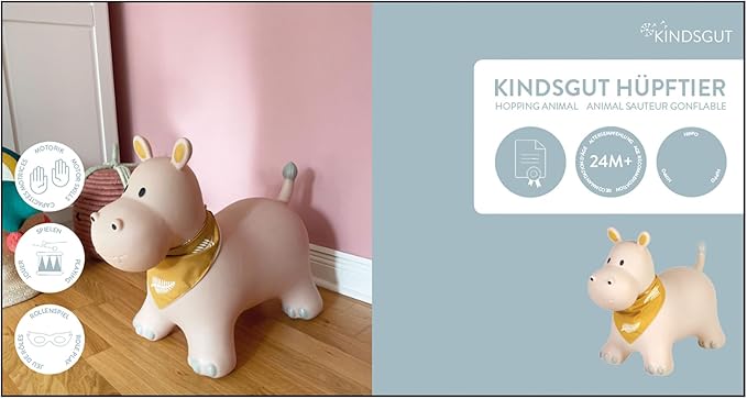 Kindsgut Bouncy Animal Hopper Hippo for Children, Designed in Germany, Playful and Modern Colors, air Pump Included, Indoors and Outdoors