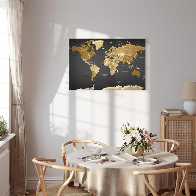 artgeist Acoustic Canvas Wall Art Print World Map 35x24 in - 1pcs Picture with Acoustic Foam Sound Print Artwork Room Acoustics Soundproofing World Travel Map k-A-0104-b-c