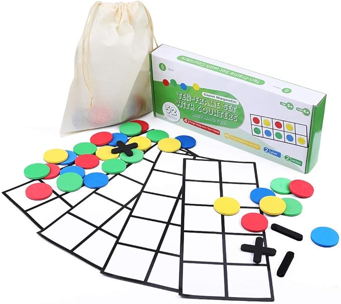 Big Magnetic Ten Frame Set, Opret 52 Pieces Math Manipulatives for Elementary, Kindergarten Classroom Must Haves Math Games with Storage Bag, Ages 5+, 4 Frames, 44 Counters, 2 Plus and 2 Minus