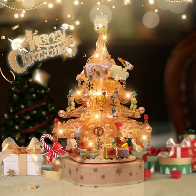 Christmas Tree Building Blocks Set, 675 PCS Pink Crystal Music Box with LED Light Adult Idea Kids Girls Toy 8-12