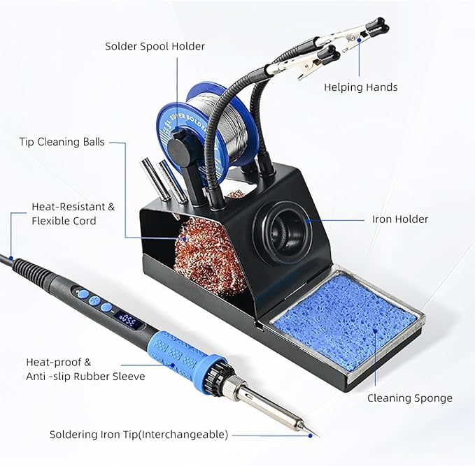 Soldering Iron Kit, 100W High Power LCD Soldering Iron, 2 Helping Hands Soldering, Flux, Iron Tips, Tin Wires, Solder Sucker, Tweezers. °C/℉ Conversion, Auto Sleep，Temperature Calibration