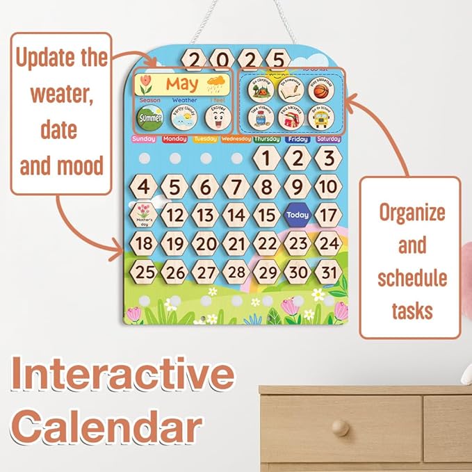 Interactive Calendar for Kids Ages 3+, Wooden Toddler Calendar, Teaching Seasons, Years, Months, Days of Week, Daily Activity Calendars for Kid Preschool & Homeschool (12 x 15 inches)