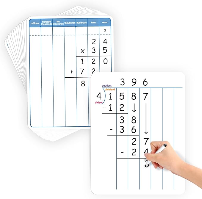 Aizweb 12 Pack Long Division Dry Erase Board Card,12" x 9" Multiplication Small Whiteboard Math Manipulatives for Kids Student Classroom Must Have Homeschool Teacher Supplies Learning Activities