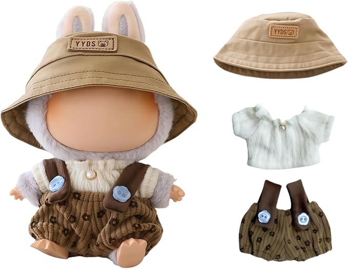 Clothes for Dolls Accessories (No Doll), Cute Outfit Set 3 Pieces Bib Pants Suitable for 15 & 17cm Doll Suit, Stylish Dress Up Overalls Doll Clothing Set Replacement with Hat Clothes Brown