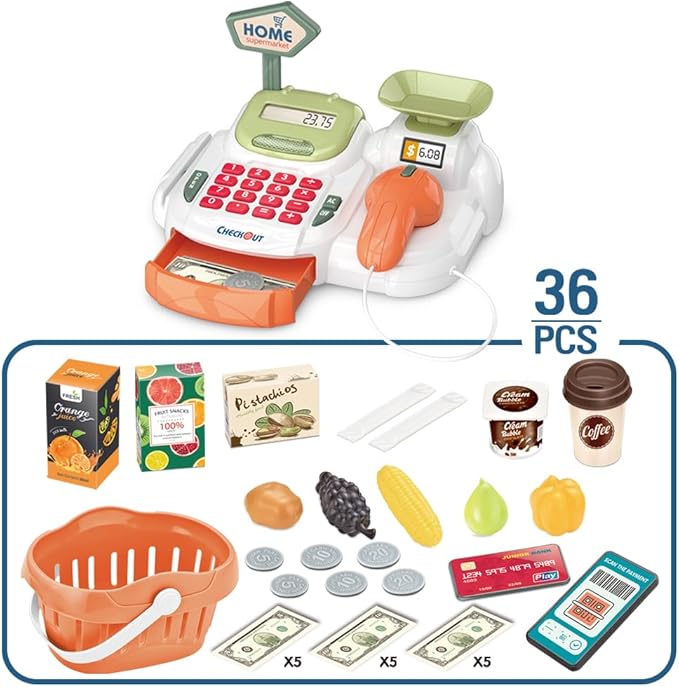 Pretend Play Cash Register Toy with Functional Caculator Cashier Scanner Toy Supermarket with Simulate Food Fruit etc Kids Grocery Store Play Money Food Shop Toy Educational Playset for Kids