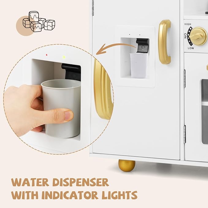 INFANS Kid Kitchen Playset, Toddler Wooden Pretend Cooking Set with Realistic Light & Sound, Stove, Sink, Microwave, Storage Cabinet, Play Kitchen Toy Set for Children Boys Girls (Gold)