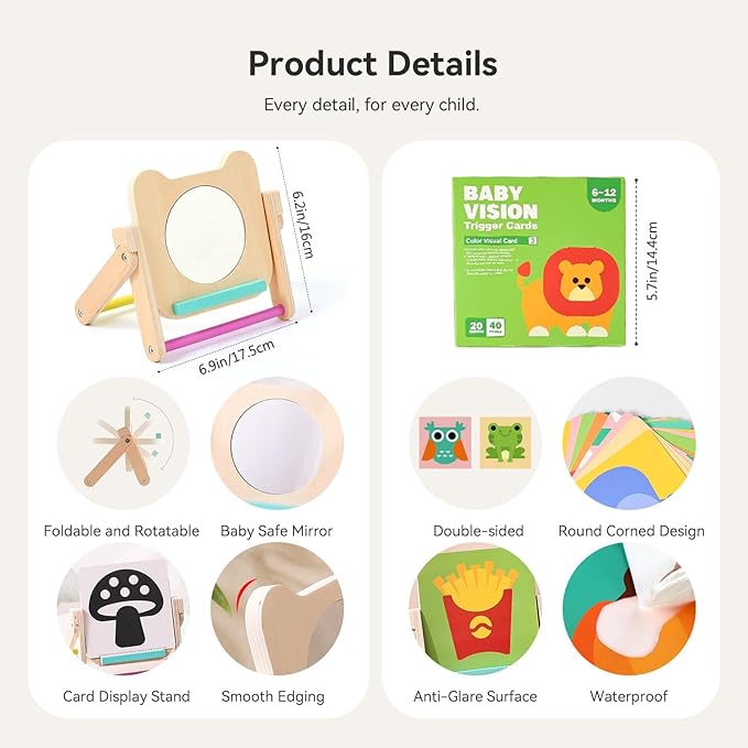 Rotating Baby Safe Mirror with 120 Pages Visual Stimulation Cards - Wooden Tummy Time Mirror Toys - Black White Red and Color High Contrast Baby Flashcards for Brain and Cognitive Development
